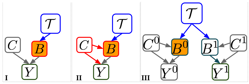 Graphical representations of the entanglement between circumstances, behaviors and outcomes, giving rise to bias from interactional effects.