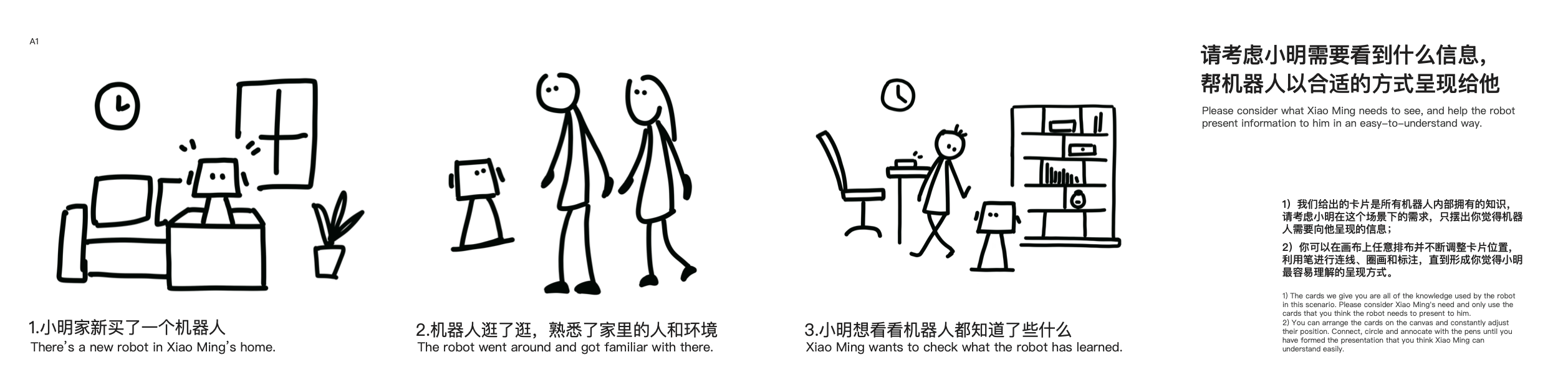 An example of the scenario comic. It consists of four panels. The first three depict a scene where a user asks the robot what it has learned on its first day at home. The fourth panel has instructions for the participant. It asks the participant to play the role of the robot, and arrange cards on the canvas to display the information.