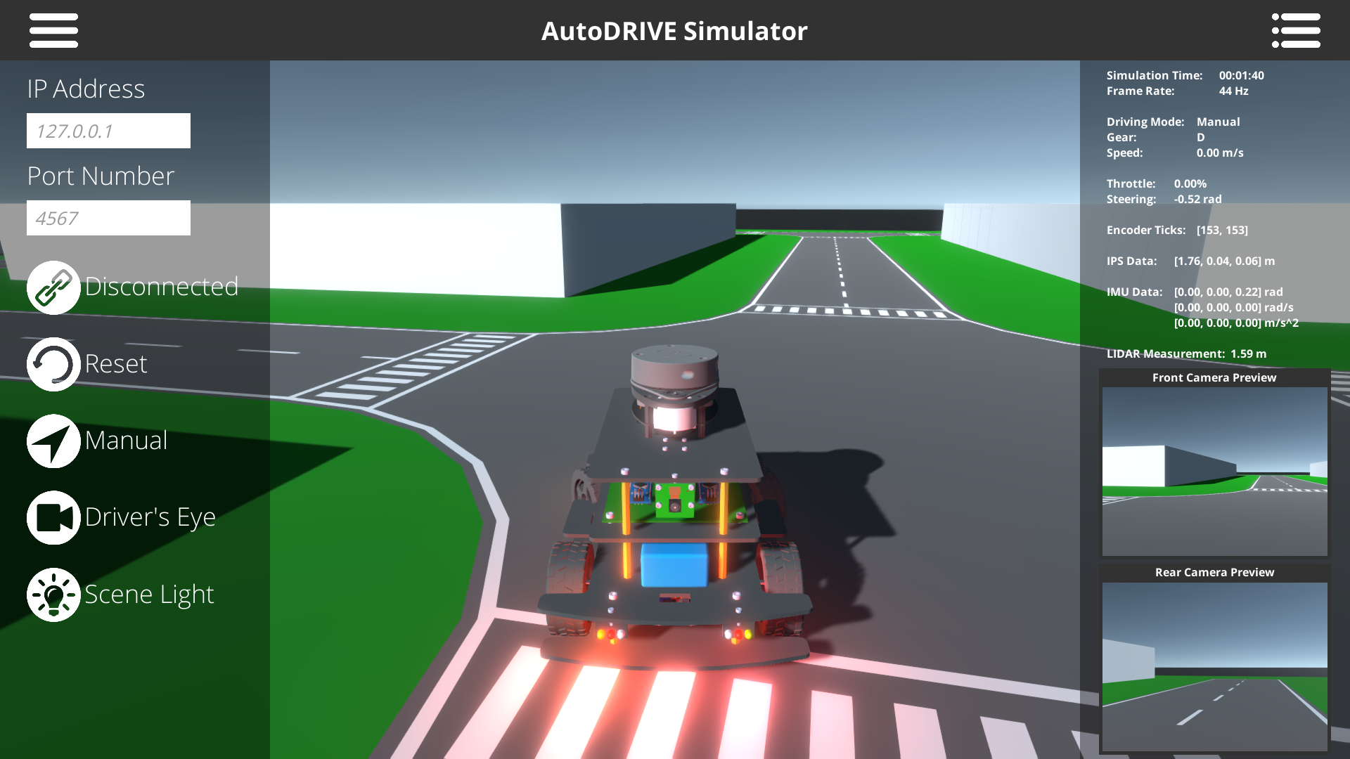 Screenshot of AutoDRIVE Simulator with both GUI panels enabled. The communication bridge is disconnected, vehicle is in manual driving mode, scene camera is switched to Driver's Eye, and scene light is enabled. 1 minute and 40 seconds have elapsed since start of simulation and the simulator is rendering at 44 Hz.