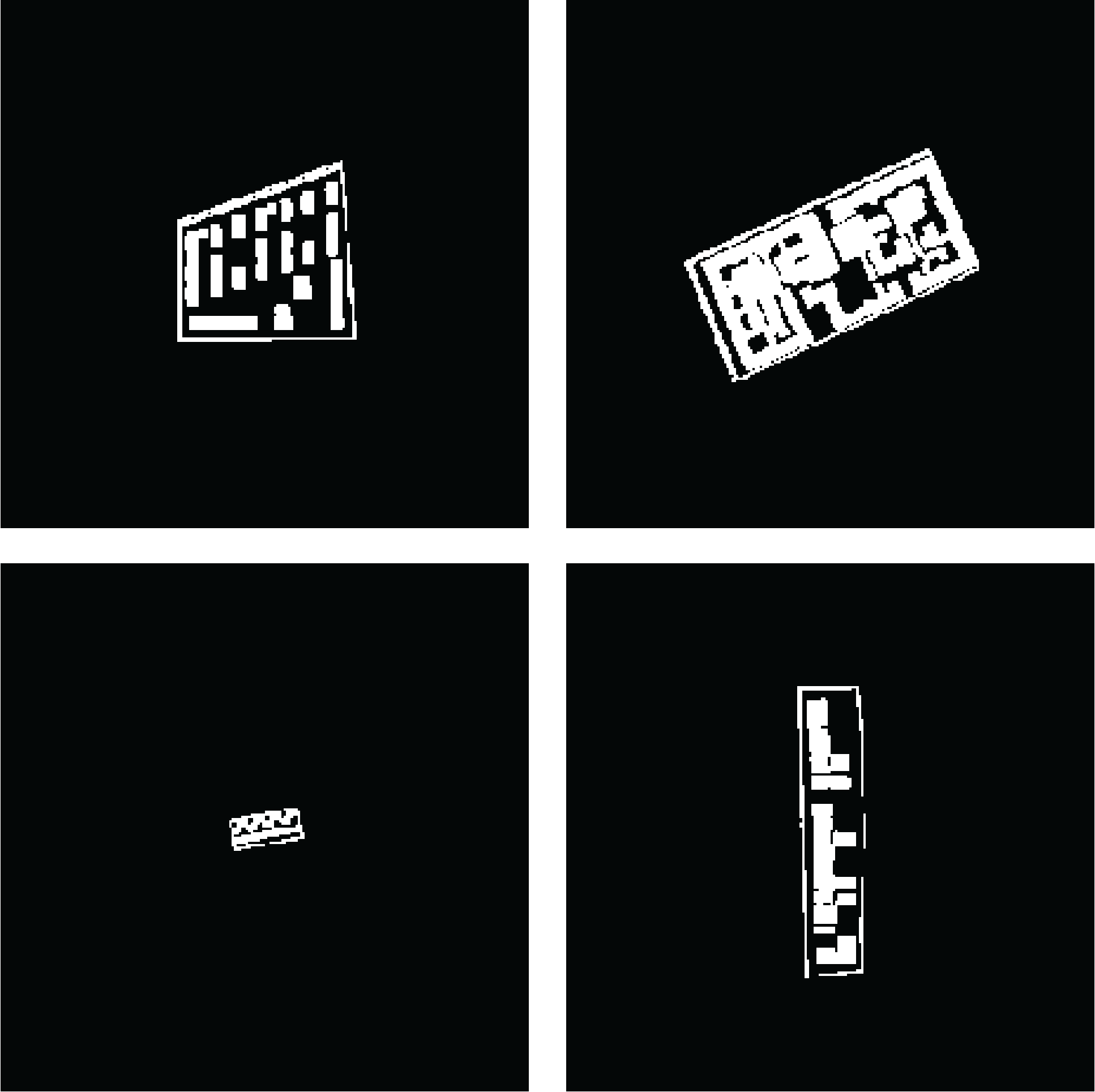 Four samples from the dataset used for classification purposes. Each sample contains a white mask of an urban block on the black background.