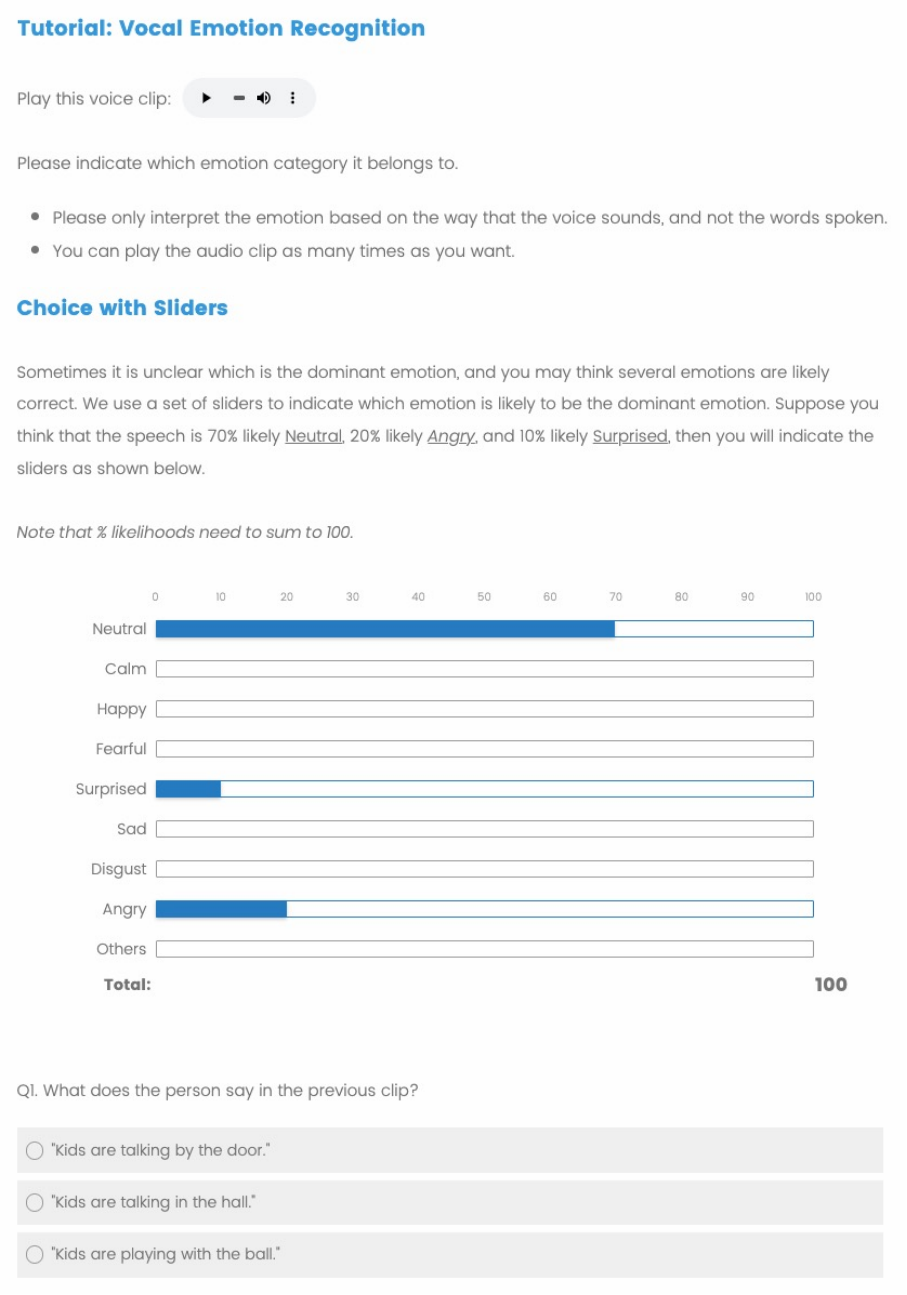 Tutorial page of our survey. The page consists of the task description, the instruction on the "balls and bins" question and a screening question.